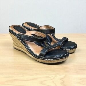 Born Drilles Leather Wedge Espadrille Sandal in Black Size 7/38 (Flawed)